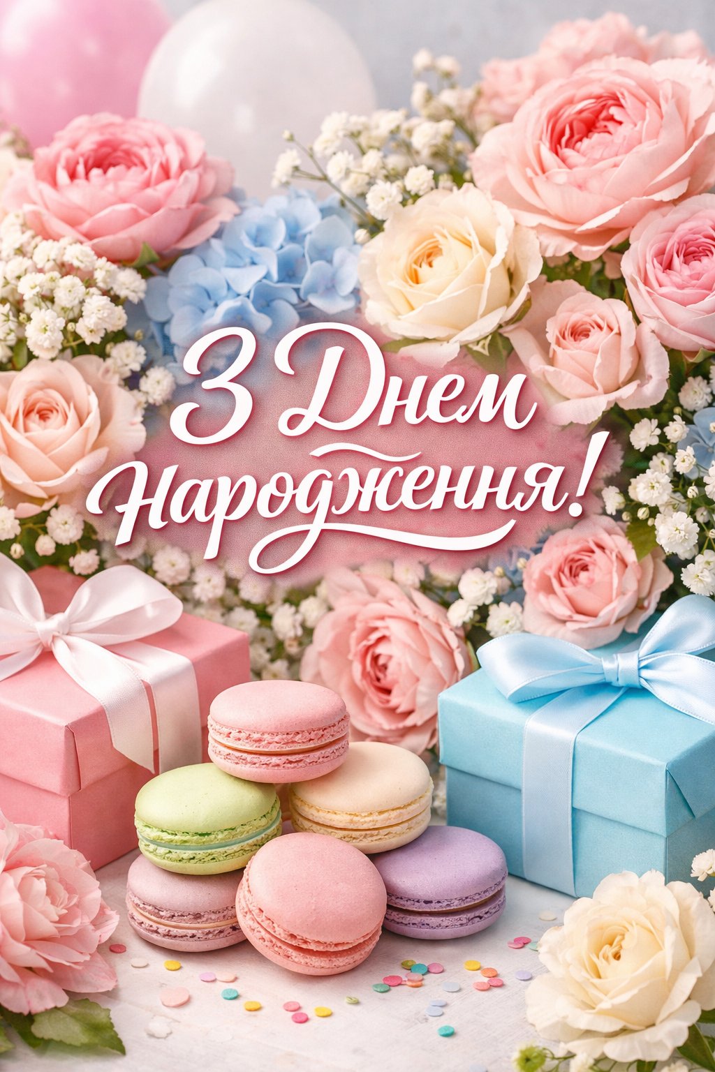 Святкова композиція з квітів, макарунів та подарунків