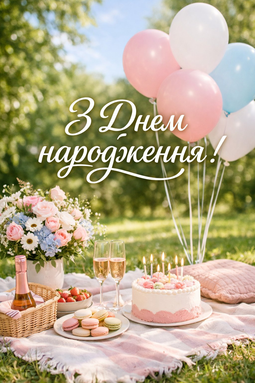 Святкування на природі з пледом, квітами та повітряними кульками